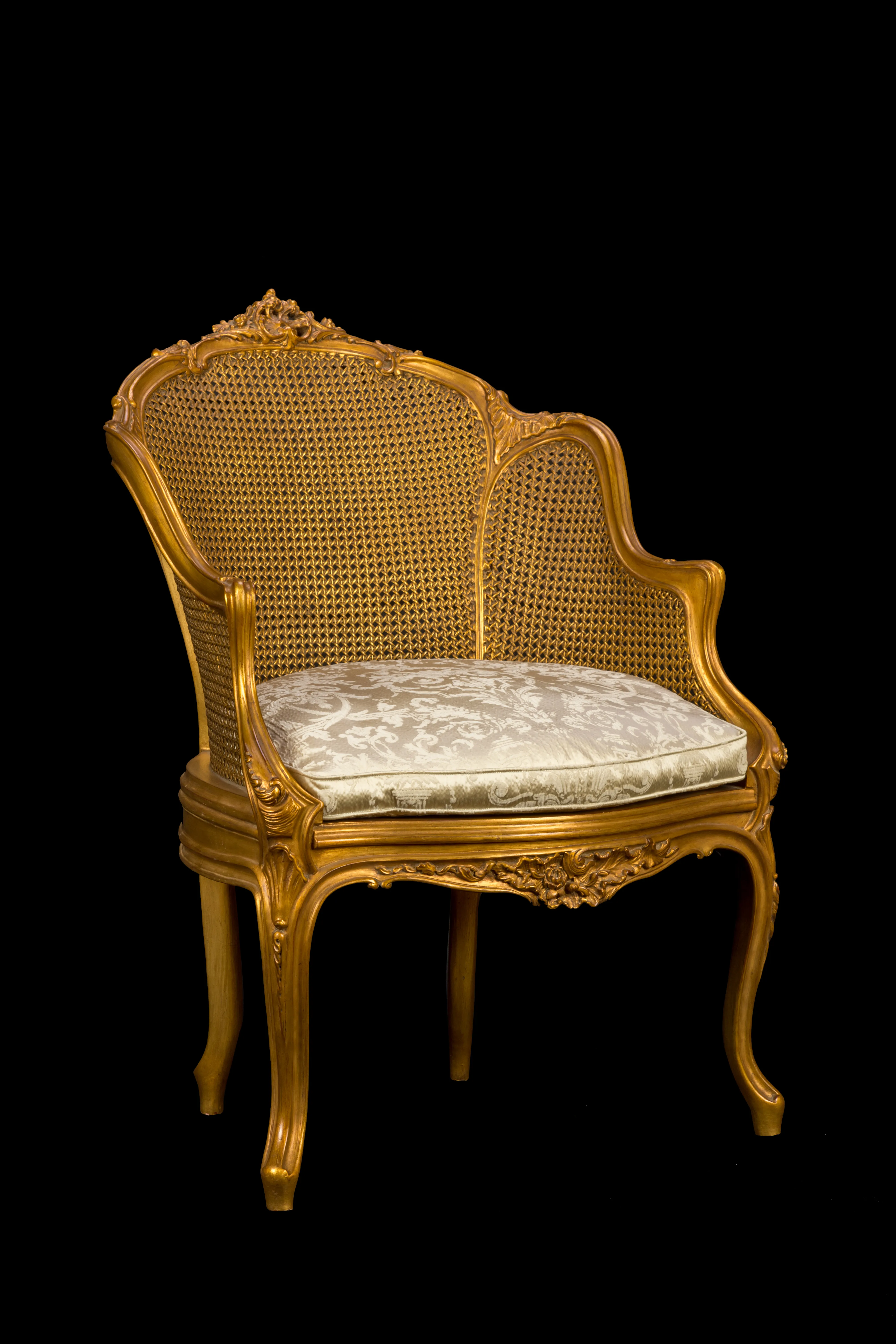 Classic Giltwood Bergère Armchair with Caned Back & Damask Cushion