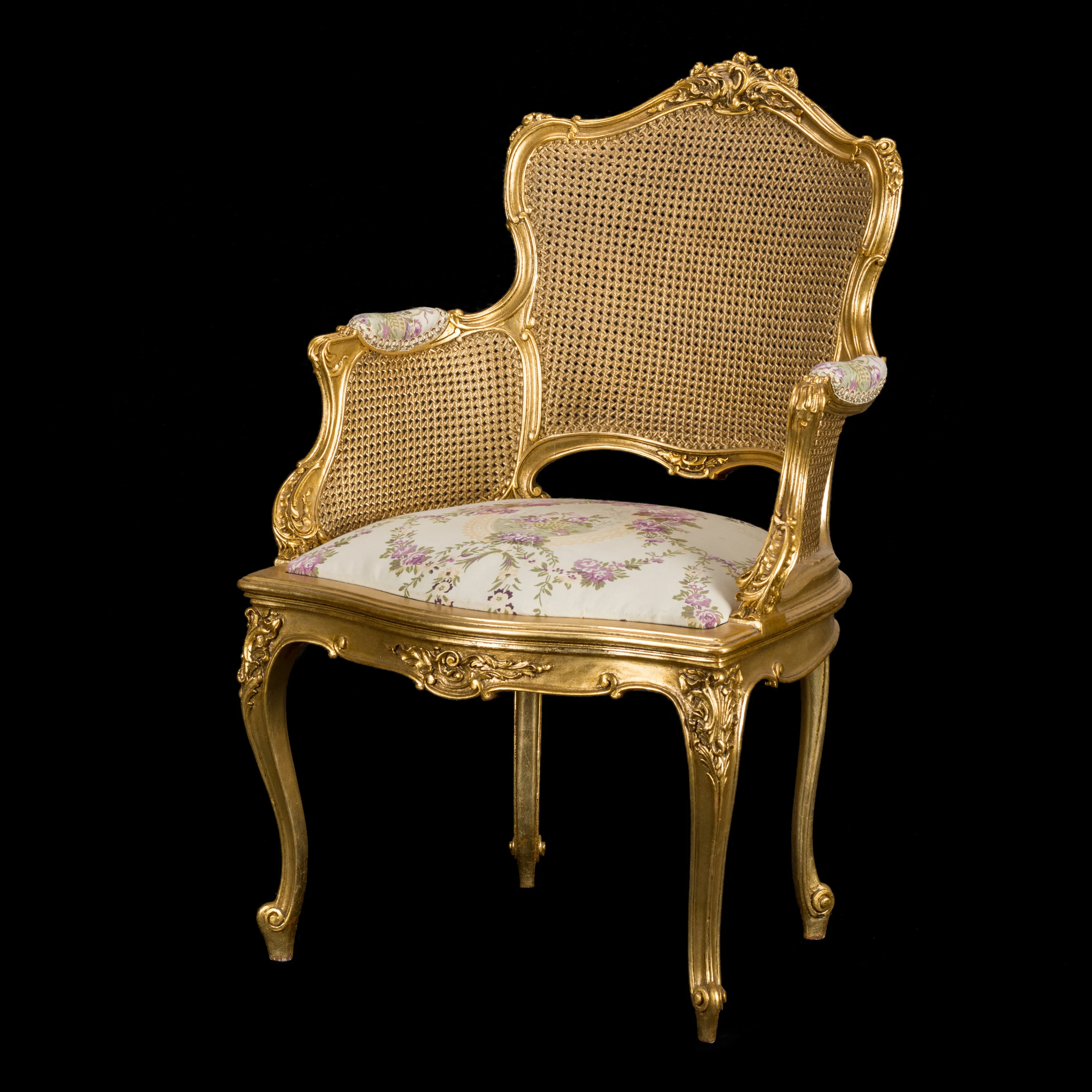 Classic Giltwood Bergère Armchair with Floral Fabric & Marble Top Table