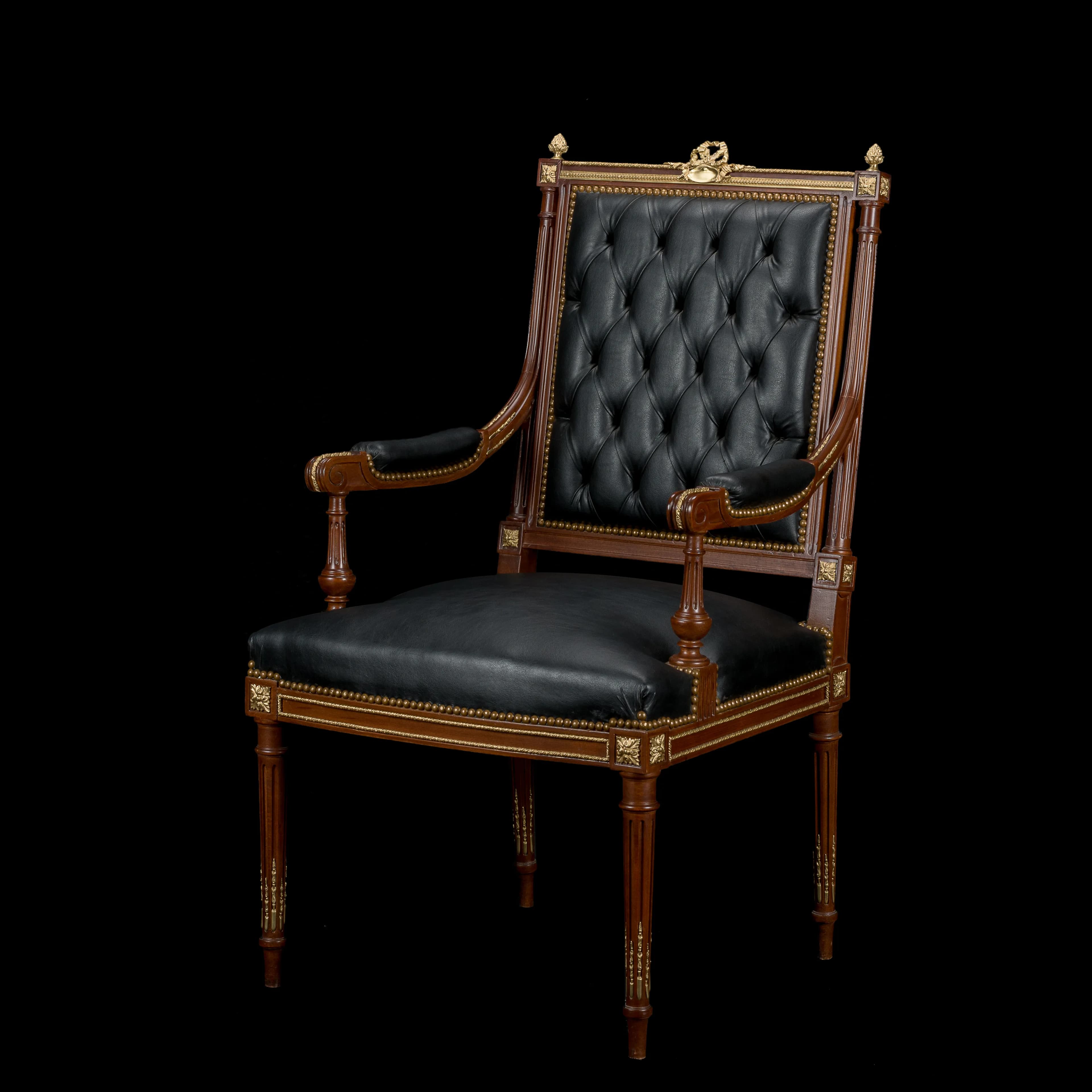 Classic Walnut Armchair with Ormolu Mounts (Black Leather & Striped Upholstery)