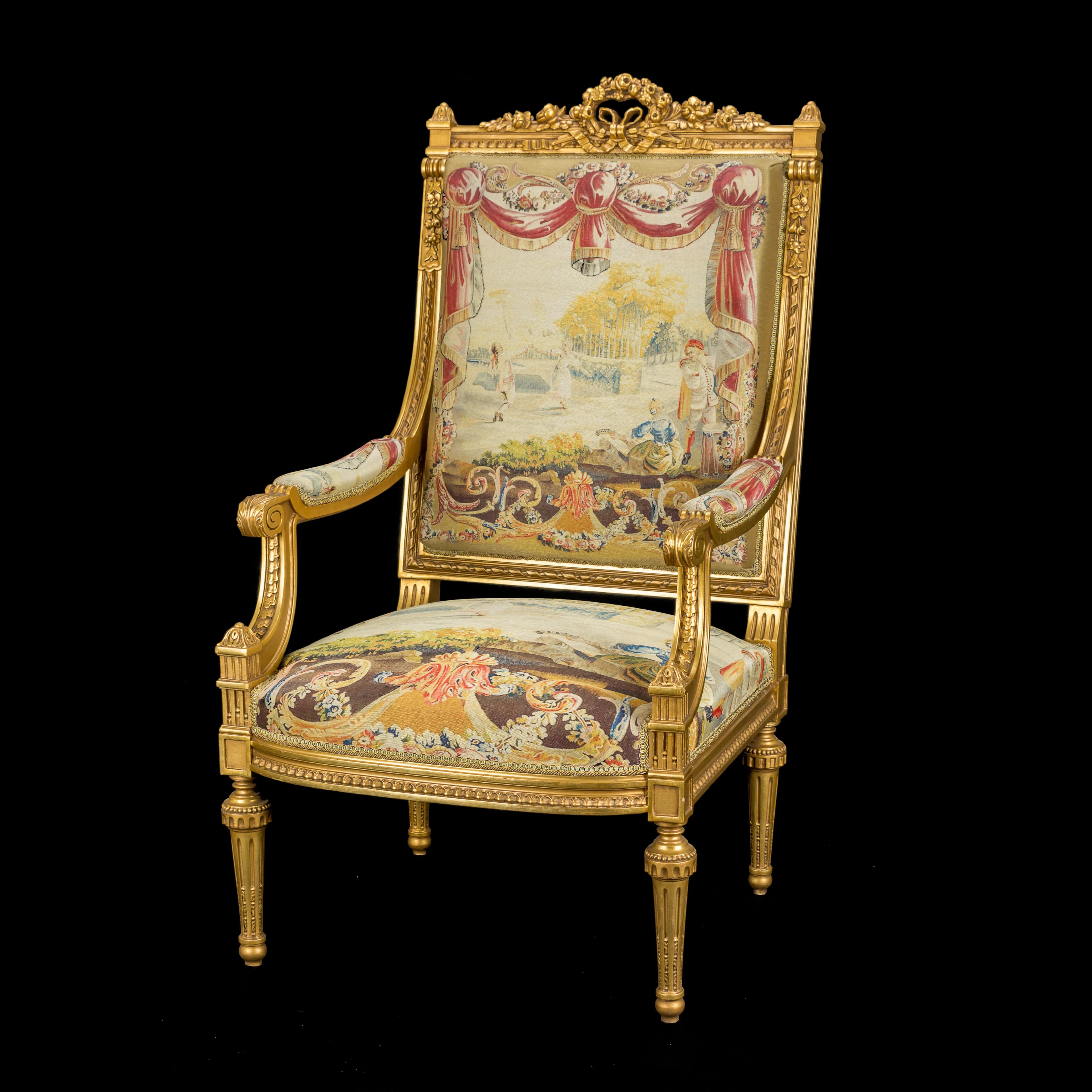 Classic Giltwood Armchair with French Aubusson Scenic Tapestry