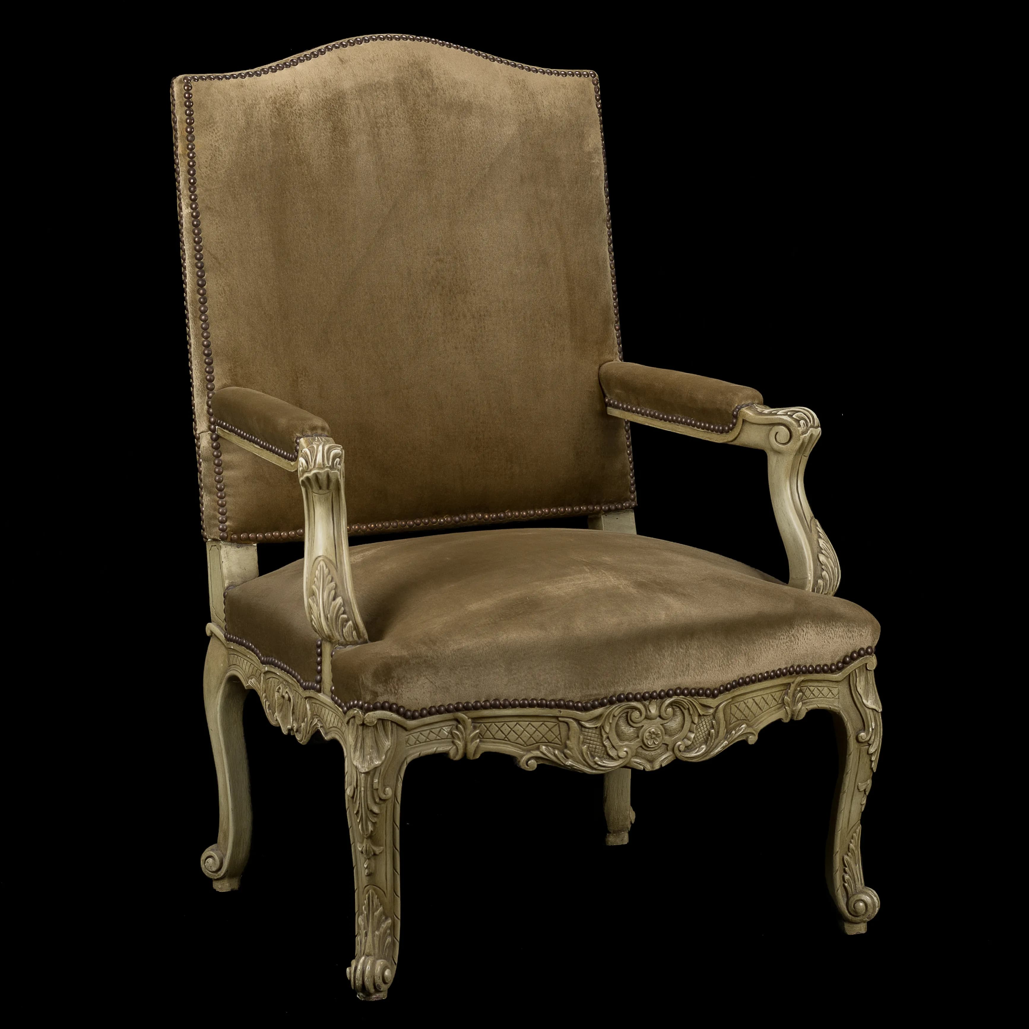 Classic Hand-Carved French Style Velvet Armchair with Nailhead Trim