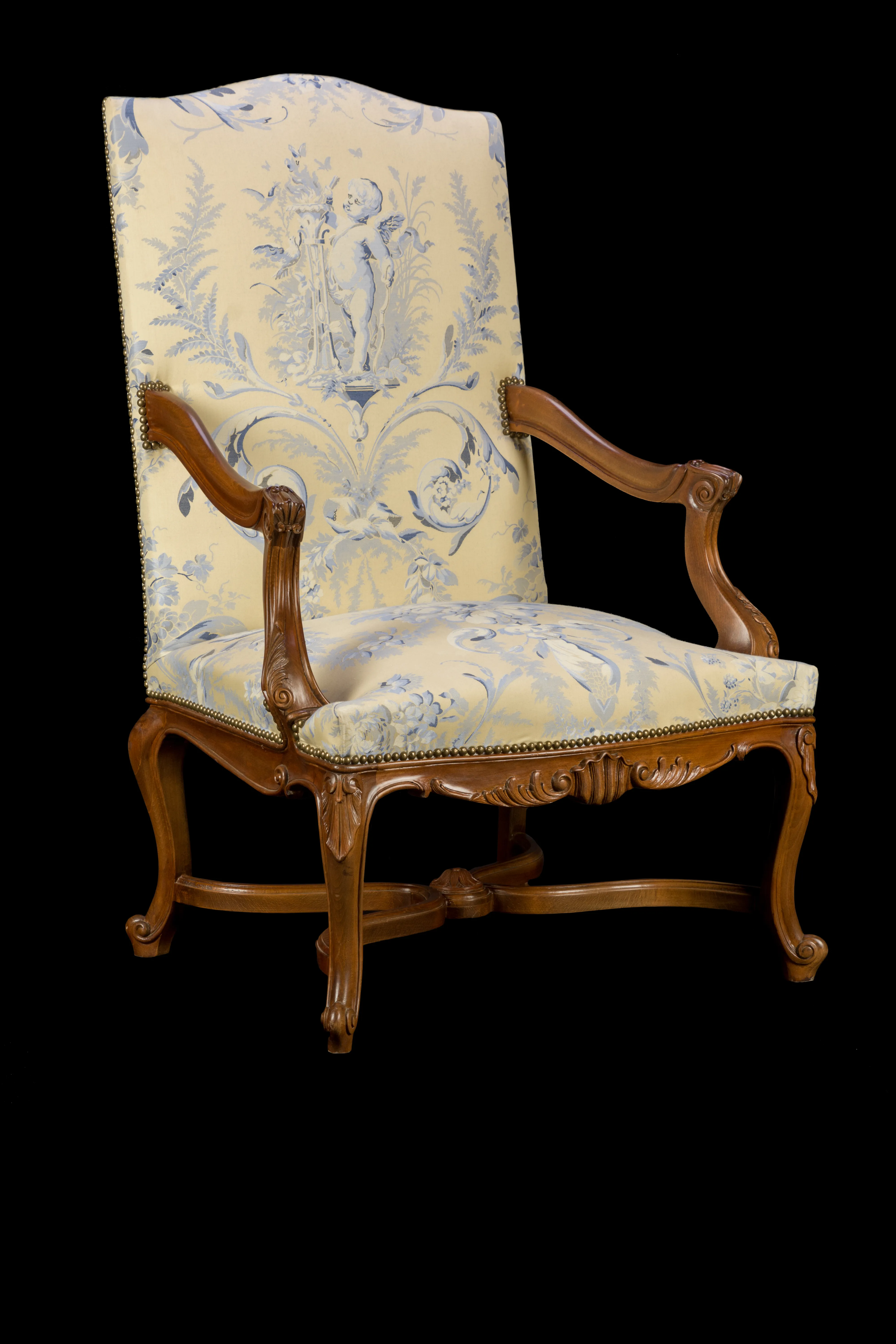 Classic Carved Walnut-Finish Armchair with Cherub Toile de Jouy Upholstery