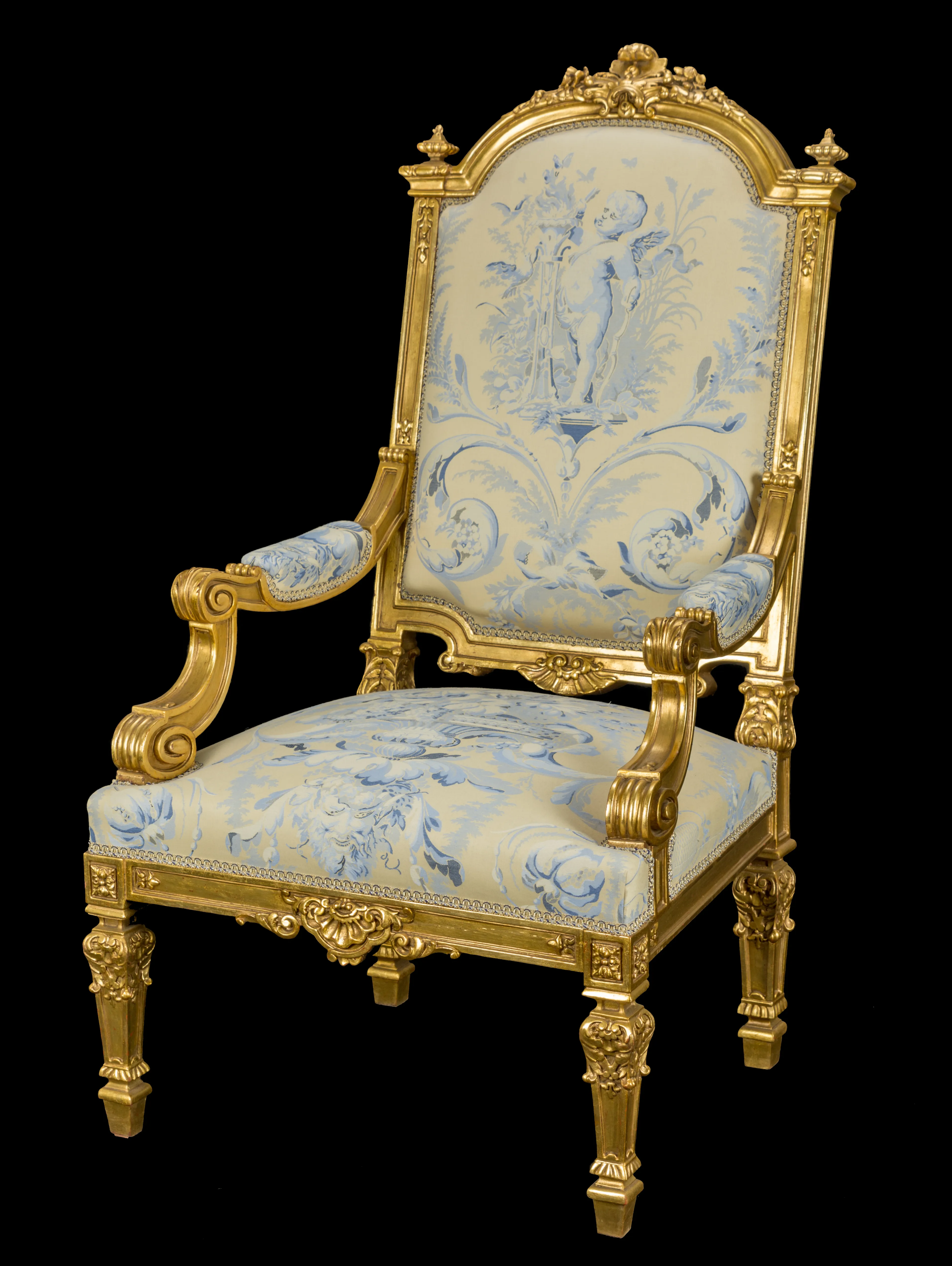 Classic Giltwood Armchair with Cherub Toile de Jouy Upholstery