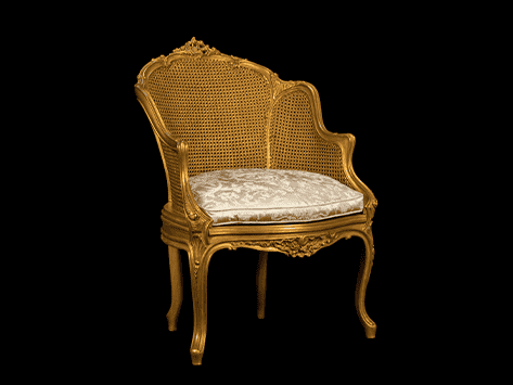 Classic Giltwood Bergère Armchair with Caned Back & Damask Cushion