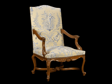 Classic Carved Walnut-Finish Armchair with Cherub Toile de Jouy Upholstery