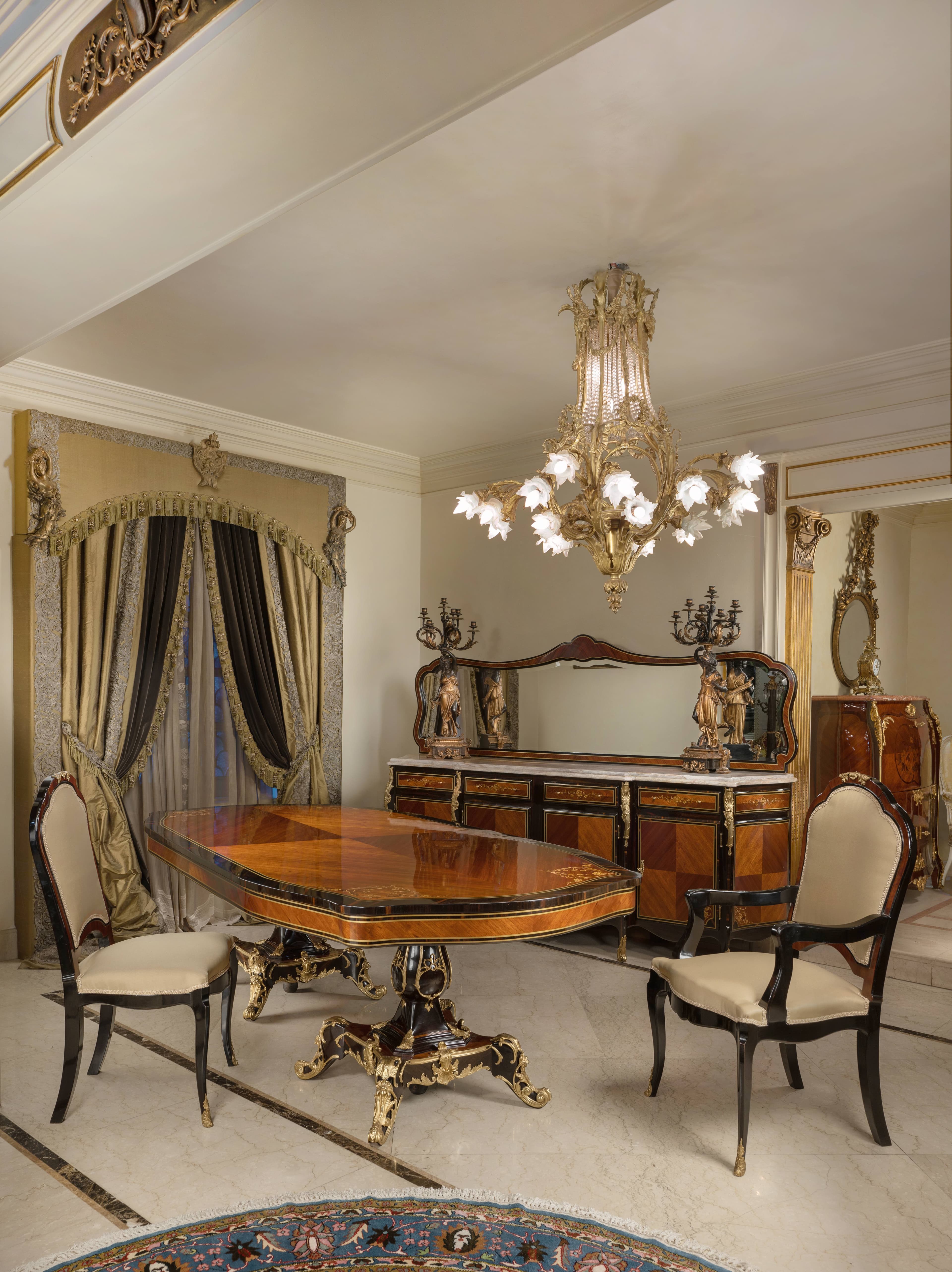Luxury Classic Marquetry & Rosewood Dining Set with Black & Gold