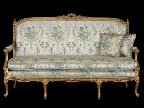 Classic Giltwood Salon Set in Blue & White Floral Brocade