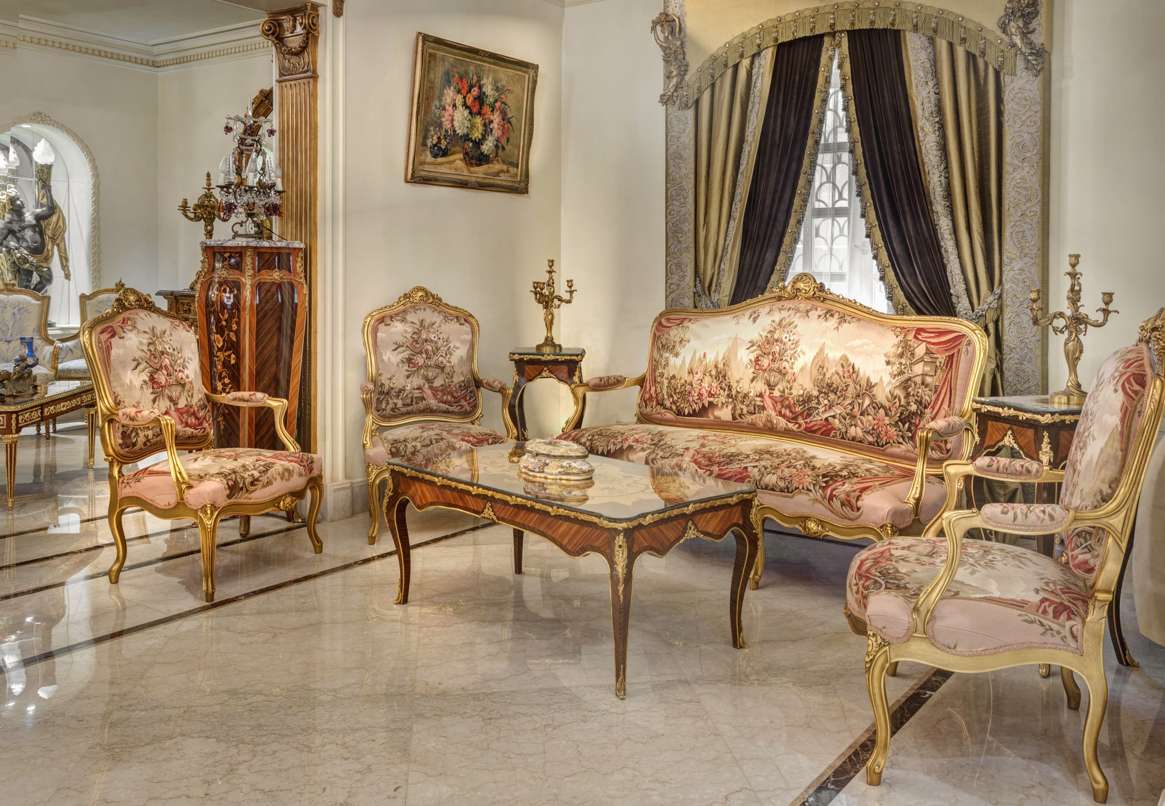 Classic Giltwood Salon Set with Floral Brocade Upholstery