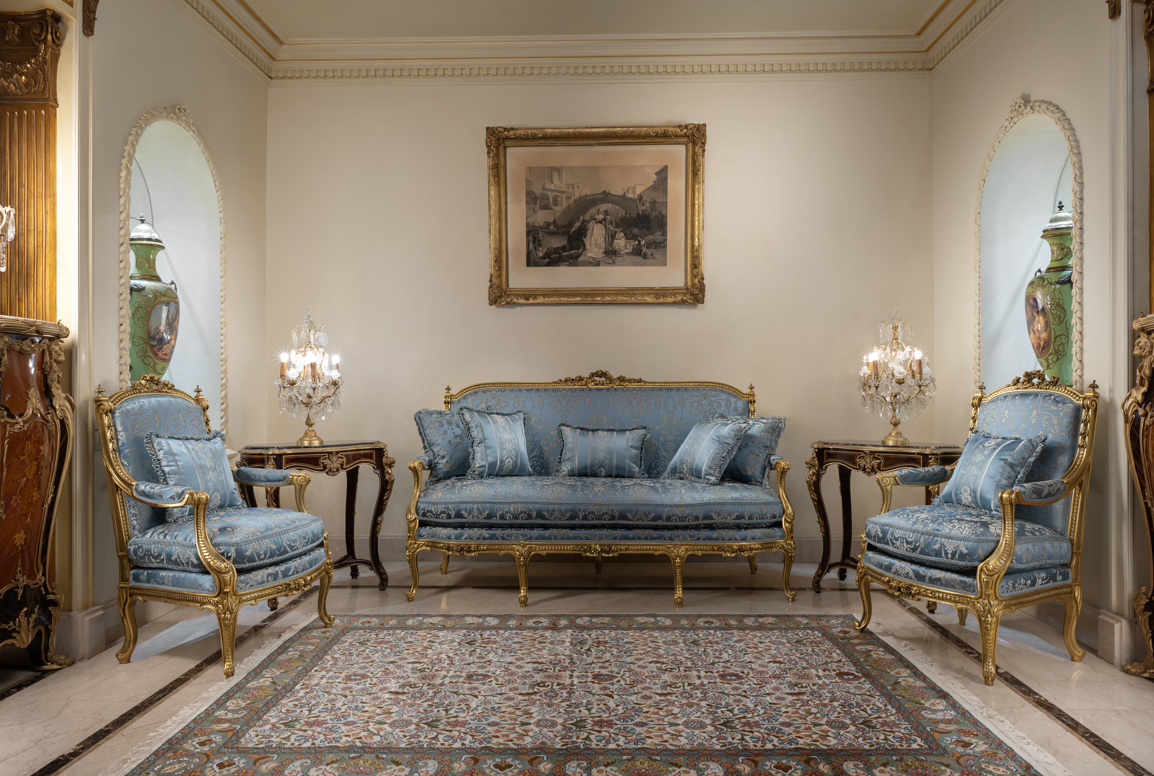 Classic Giltwood Salon Set in Blue & White Floral Brocade