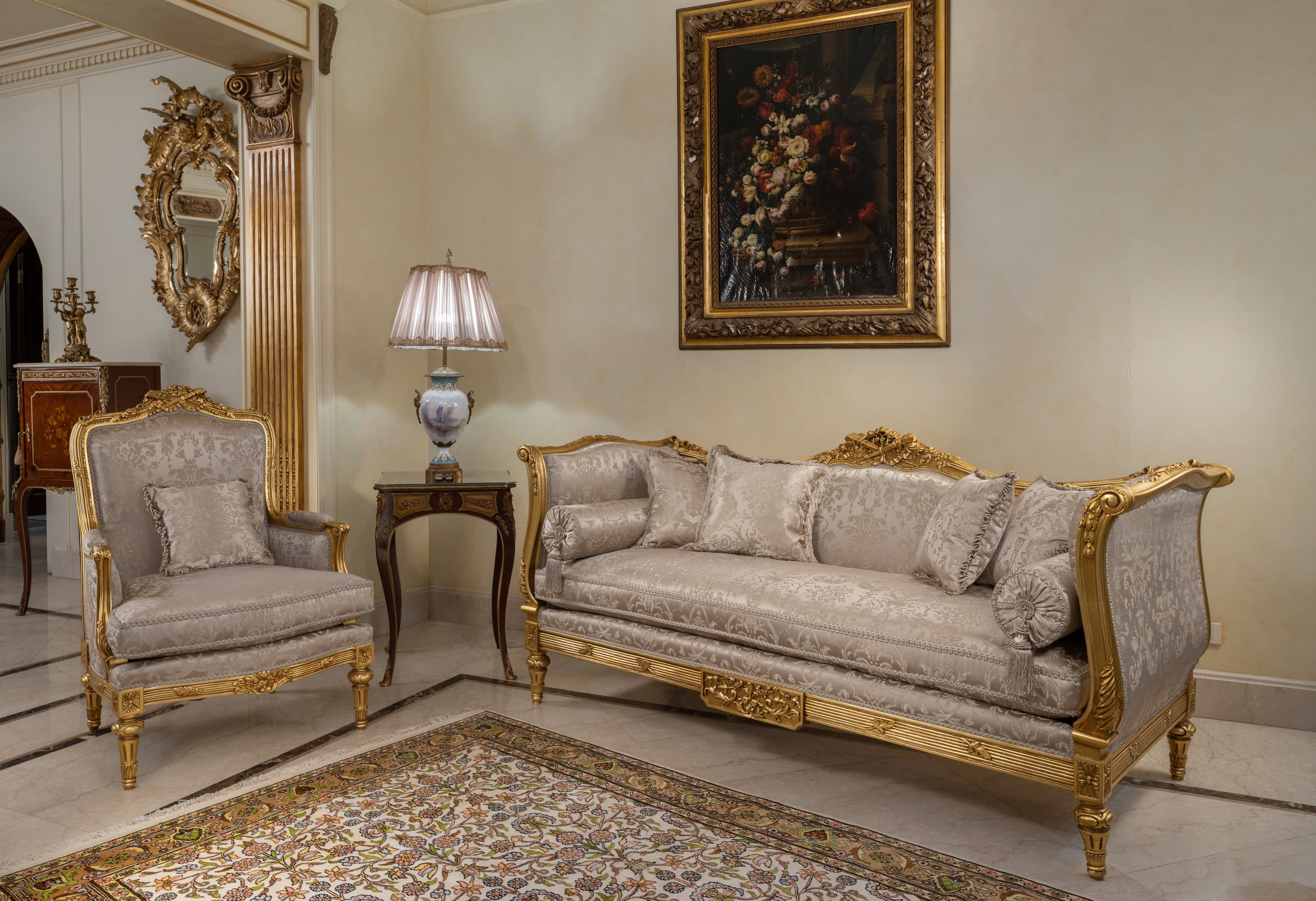 Classic Giltwood Salon Set in Silver Floral Silk Brocade