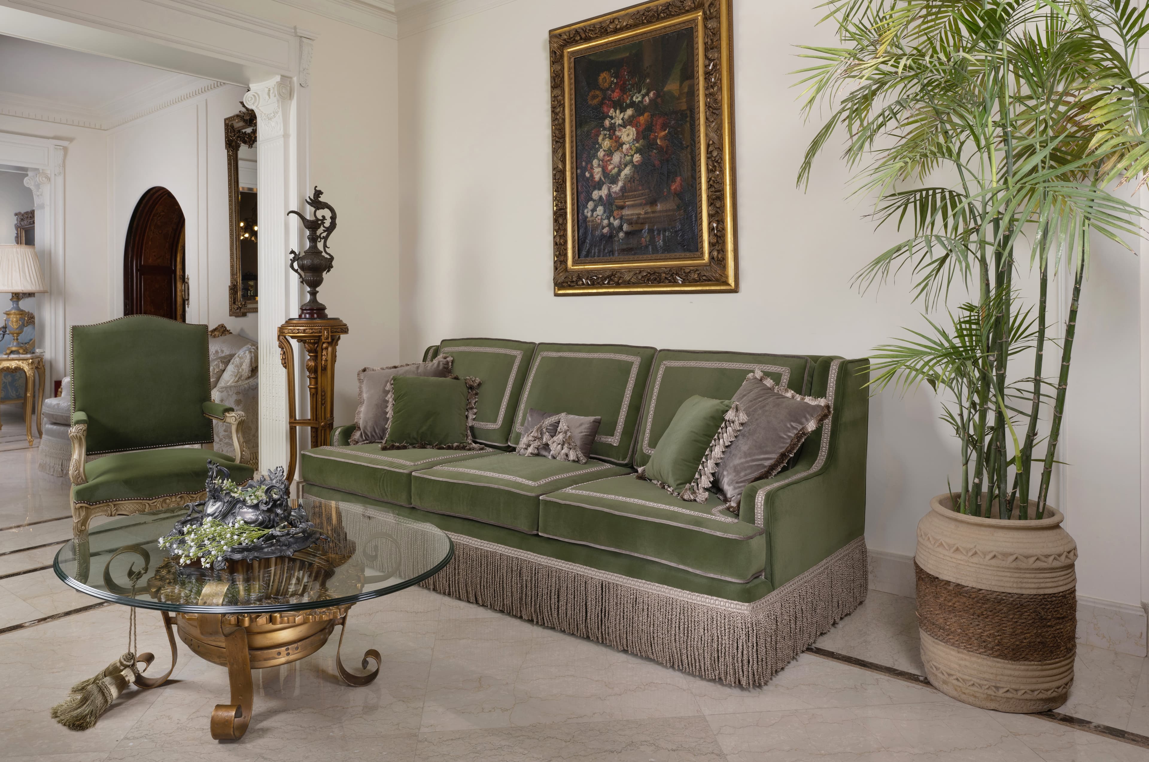 Imperial French Style Olive Green Velvet Living Set