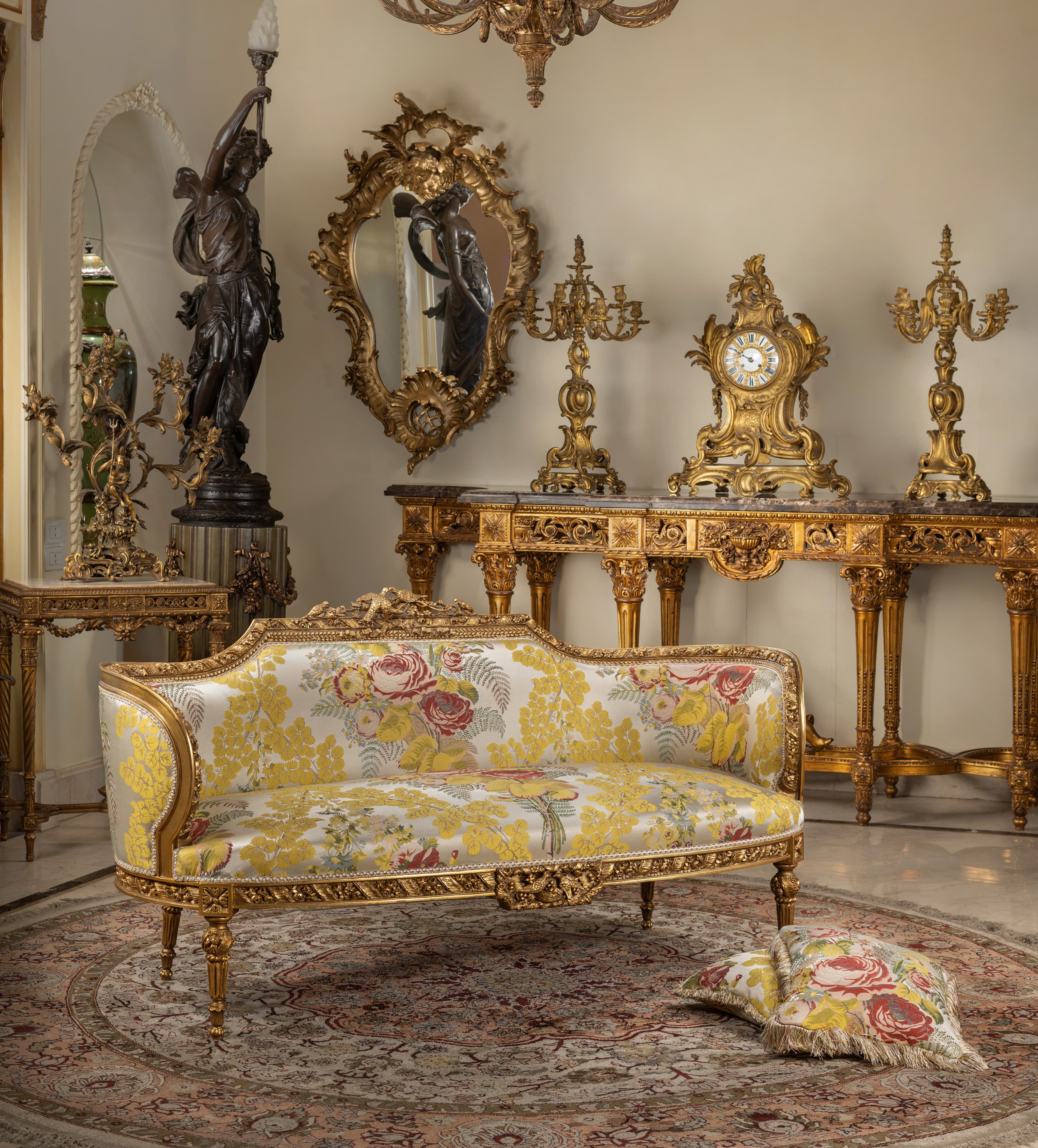 Royal Floral Brocade & Gold French Salon Sofa