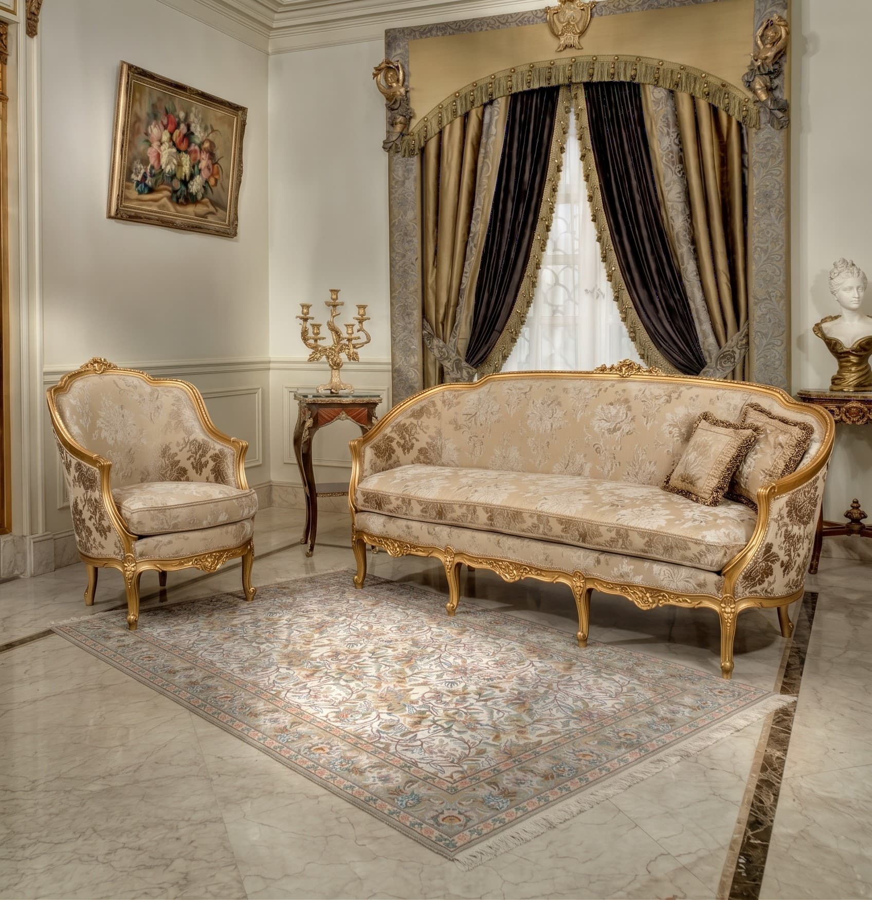 Classic Giltwood Salon Set in Beige Floral Jacquard
