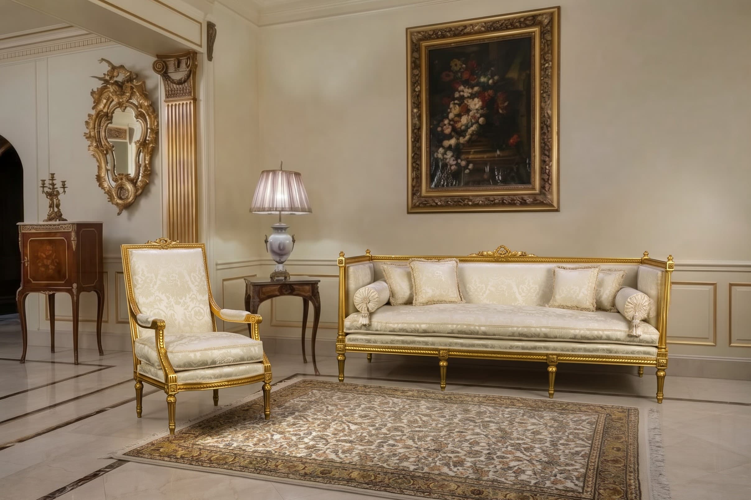 Classic French Empire Giltwood Salon Sofa in Cream Damask