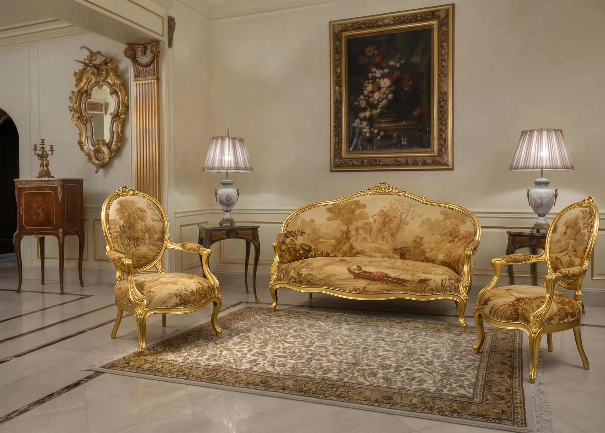 Classic Giltwood Salon Set with Tapestry Landscape