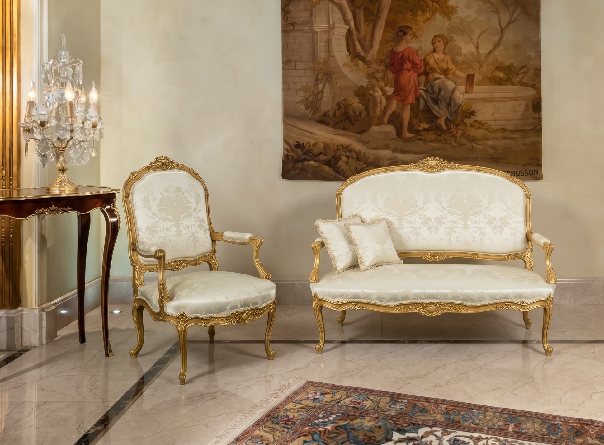 Classic Giltwood Salon Set in Off-White Damask