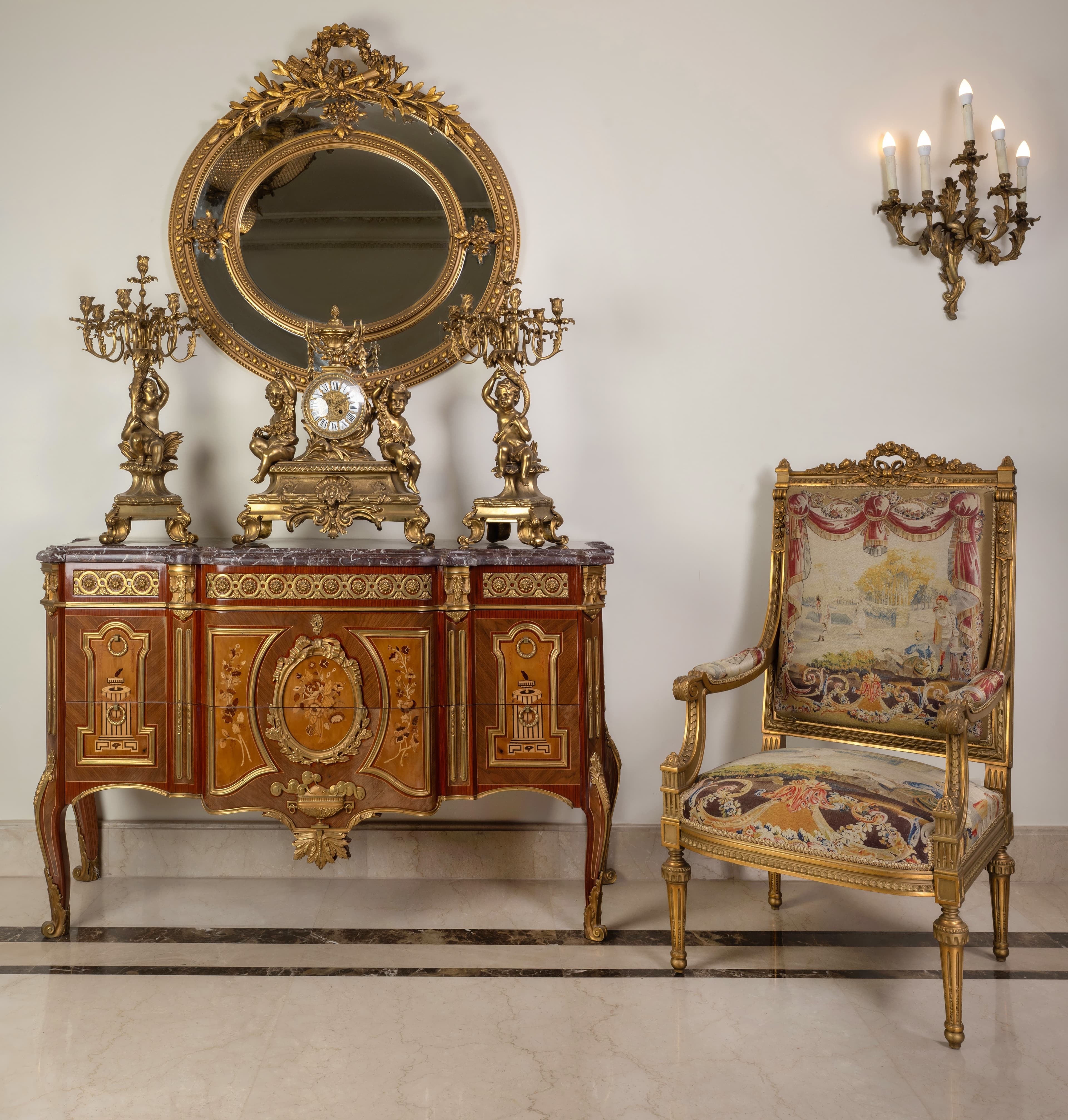 Classic Giltwood Armchair with French Aubusson Scenic Tapestry